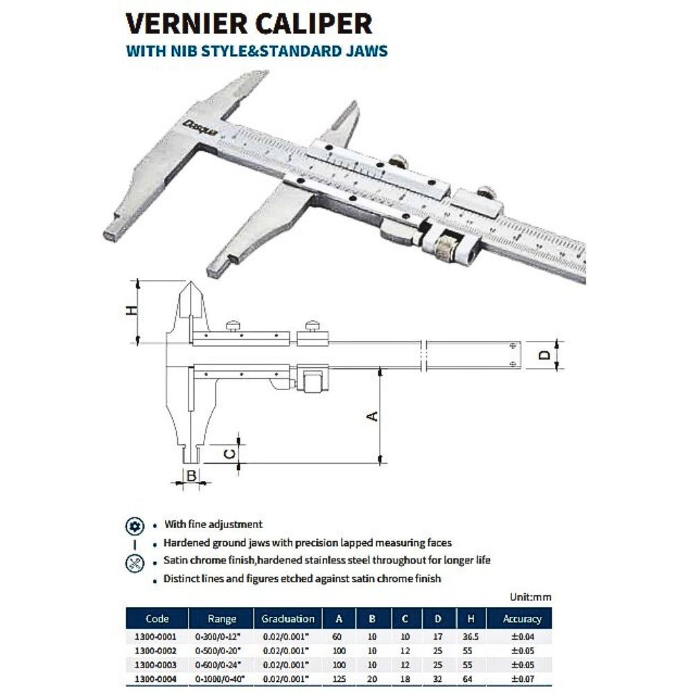 VERNIER CALIPER WITH NIB STYLE JAWS AND FINE ADJUSTMENT 0-600mm/0-24"(0.02mm/0.001"),Jaw Length 150mm
