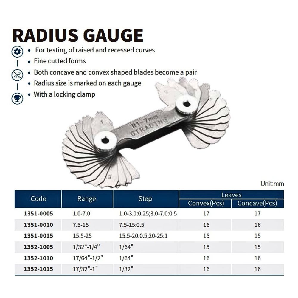 RADIUS GAUGE METRIC 7.5-15mm 16+16 Blades  Concave & Convex